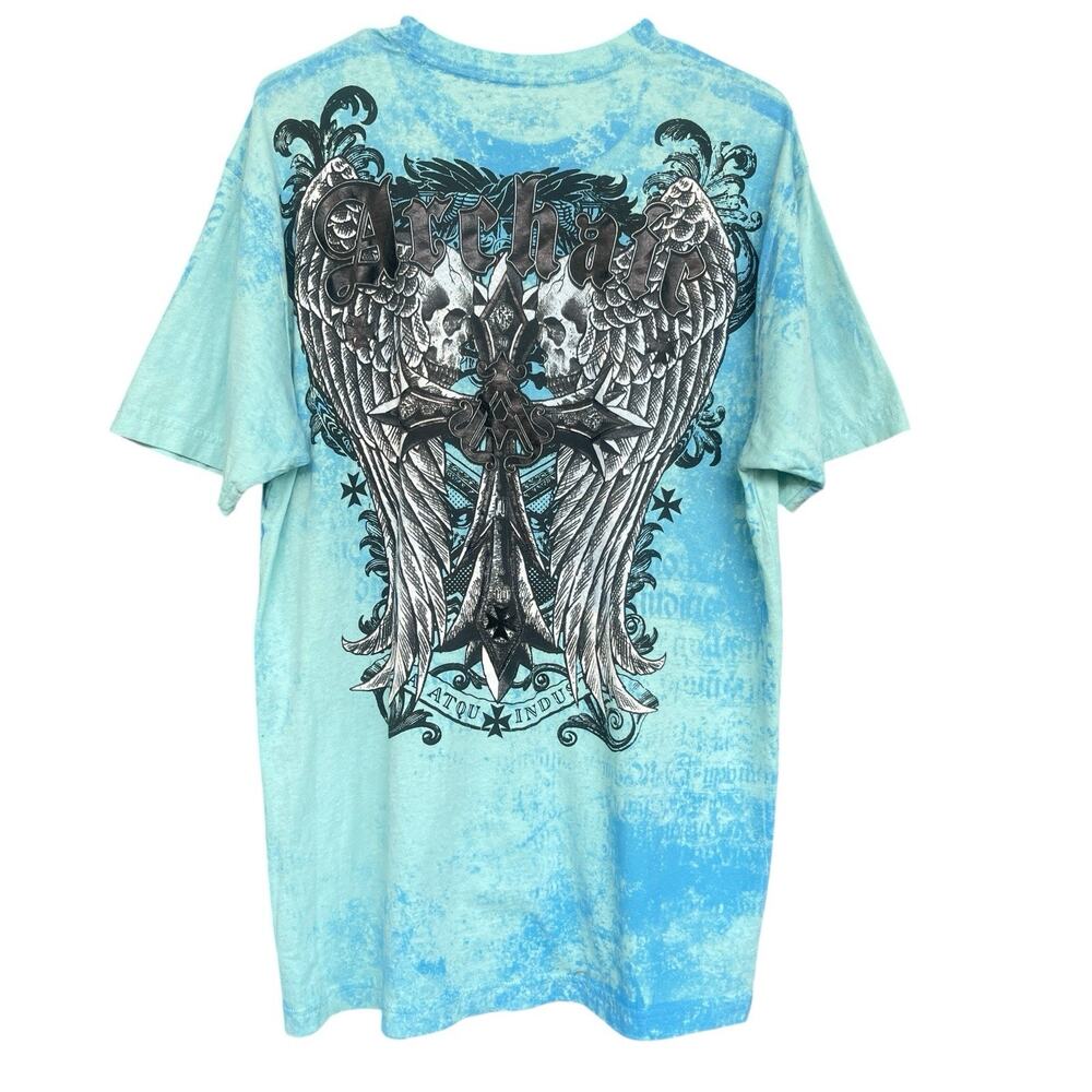 Archaic Mens Shirt‎ Extra Large XL Y2K Cross Death Glory Blue Cotton 90s Gothic